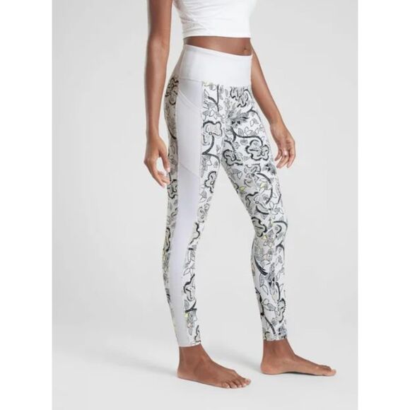 Athleta White Floral Affirmation Leggings Thick Waistband Colorblock Stretch XS - Picture 1 of 10